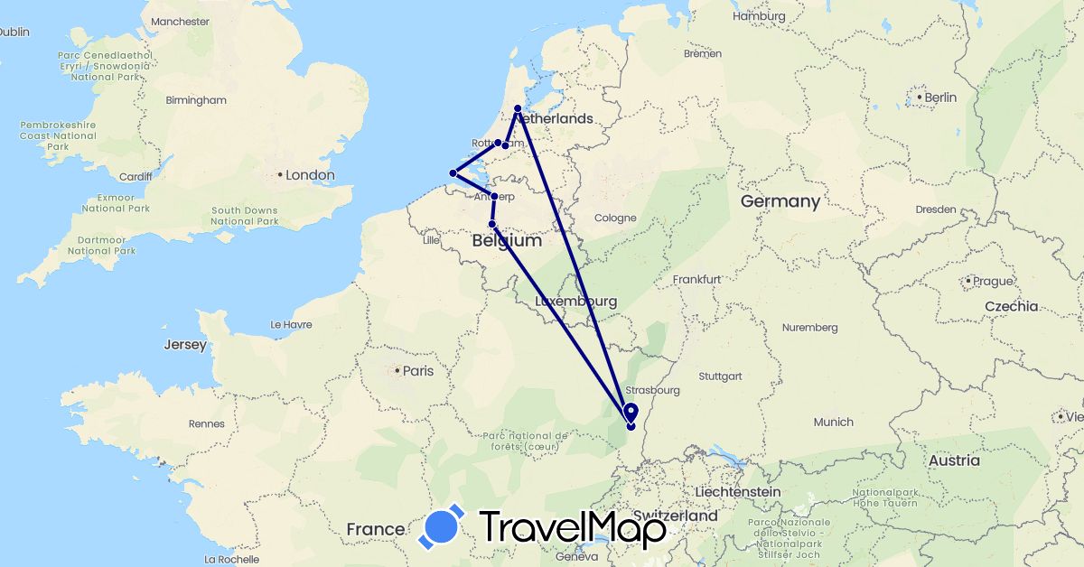 TravelMap itinerary: driving in Belgium, Netherlands (Europe)